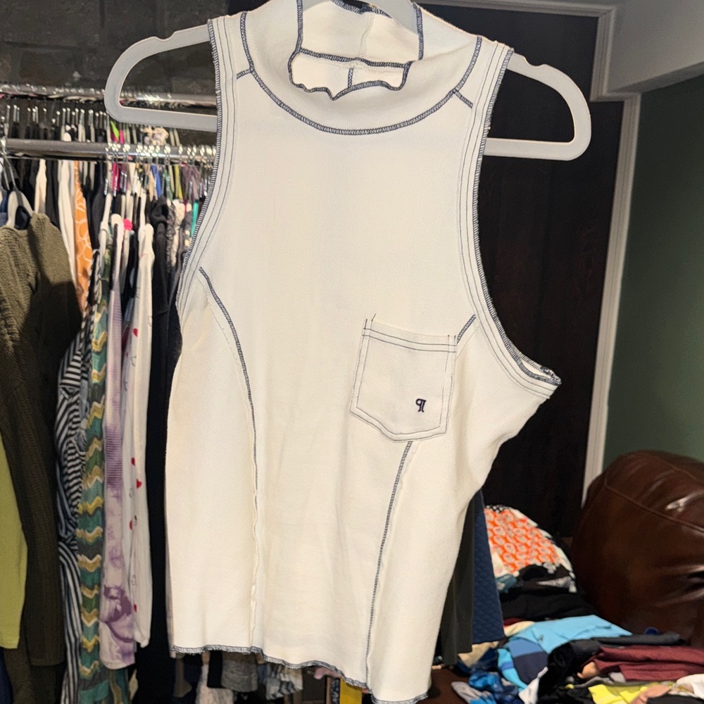 EC Pilcro White tank with navy stitching with Pocket sz M - Picture 1 of 9